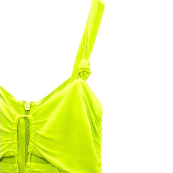 New Zara ruched keyhole bodycon dress in lime neon yellow green size S - Picture 4 of 7
